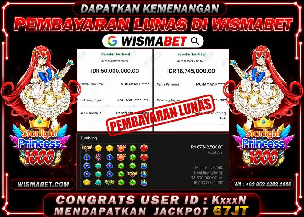 Wismabet - BUKTI KEMENANGAN Starlight Princess x1000 Rp67,000,000,- LUNAS